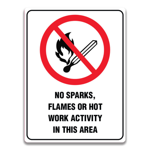 NO SPARKS, FLAMES OR HOT WORK ACTIVITY IN THIS AREA SIGN